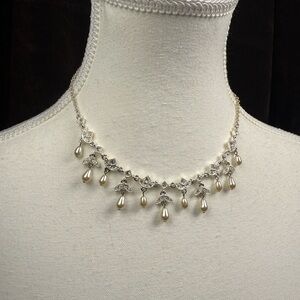 Vintage pearl drop necklace rhinestone silver coquette bridal delicate chain